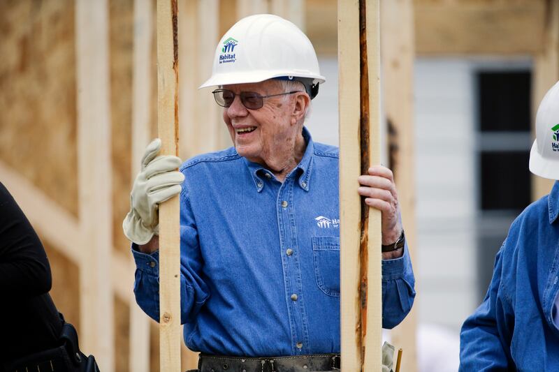 Former US President Jimmy Carter works at a Habitat for Humanity building site in Memphis, Tennessee, on November 2, 2015. AP