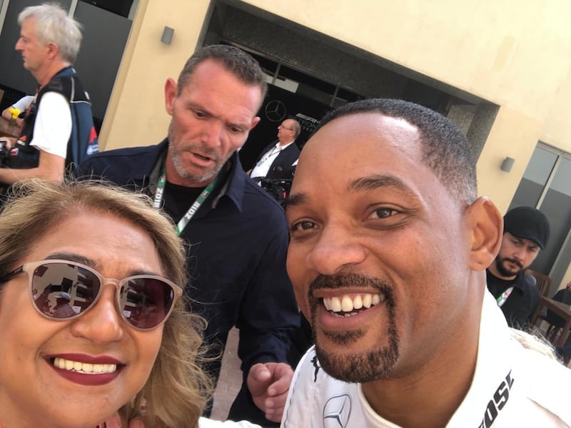 The 50-year-old Hollywood star took a selfie with Ana Hill, who had flown in to catch the Abu Dhabi F1 at the Paddock Club. Photo / Supplied 