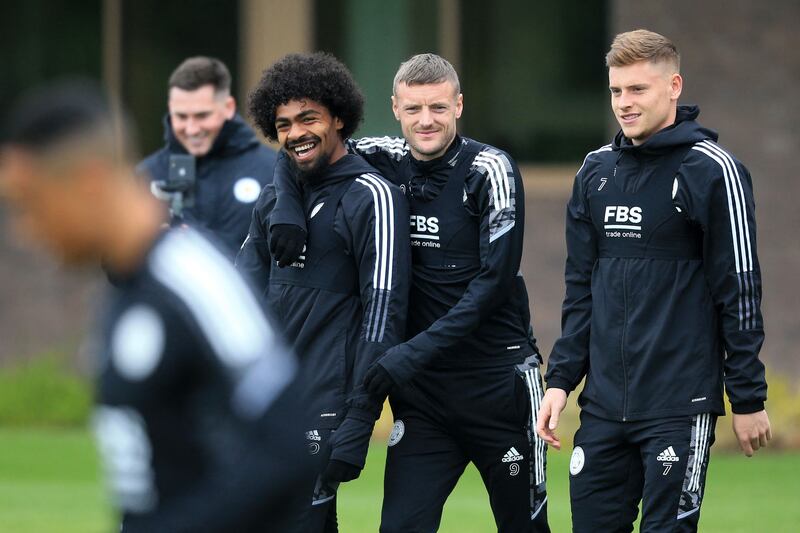 Leicester's Jamie Vardy, centre, with Hamza Choudhury, left, and Harvey Barnes, right. AFP