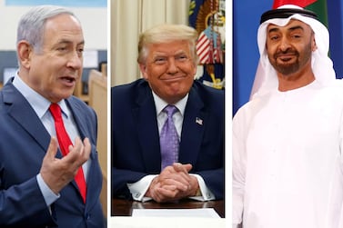 Benjamin Netanyahu, Donald Trump, Mohamed bin Zayed Al Nahyan.