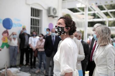 UNESCO Director General Audrey Azoulay visits the Orthodox Three Doctors school in the Gemmayzeh district which overlooks the port in the Lebanese capital, on August 27, 2020. (Photo by Jean Marc MOJON / AFP)
