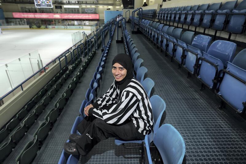 Abu Dhabi, United Arab Emirates - April 3rd, 2018: Fatima Al Ali the first Emirati and Arab female to officiate in a IIHF World Cup. Tuesday, April 3rd, 2018 at Zayed Sports City, Abu Dhabi. Chris Whiteoak / The National