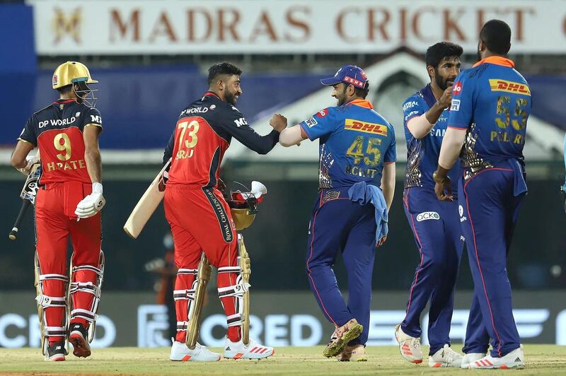 Rohit Sharma Captain of Mumbai Indians greets Mohammed Siraj of Royal Challengers Bangalore after the match 1 of the Vivo Indian Premier League 2021 between Mumbai Indians and the Royal Challengers Bangalore held at the M. A. Chidambaram Stadium, Chennai on the 9th April 2021. Photo by Faheem Hussain / Sportzpics for IPL