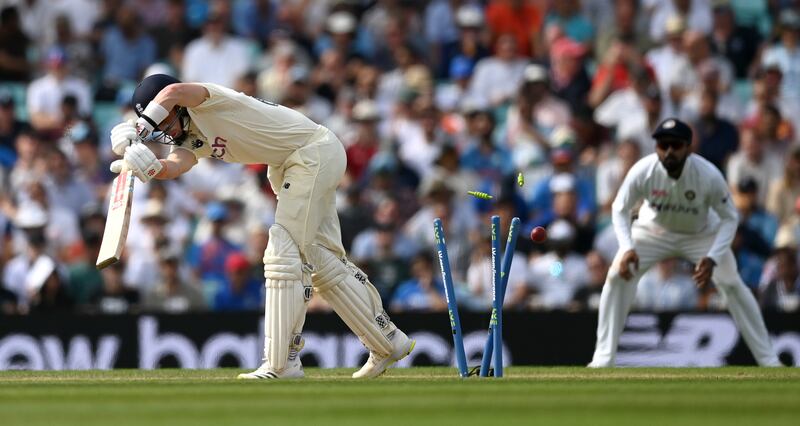 England's Ollie Pope of England is bowled by Jasprit Bumrah for two. Getty