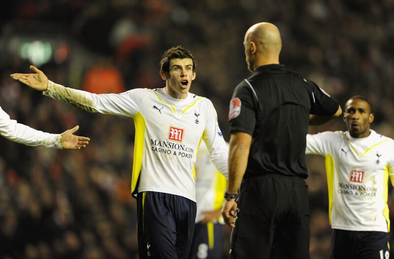 Spurs' Gareth Bale argues with referee Howard Webb after he awarded a penalty during the Premier League match against Liverpool at Anfield in January 2010. Getty