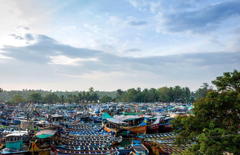 D2C2FA Traditional fishing boats moored at sunset at Valapattanam harbour on a public holiday in Kannur, Kerala, India.