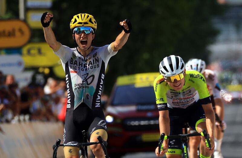 Spanish rider Pello Bilbao, of Team Bahrain-Victorious, wins Stage 10 of the Tour de France ahead of German rider Georg Zimmermann, of Team Intermarche-Circus-Wanty, on Tuesday, July 11, 2023. EPA