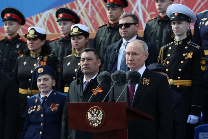 Russian President Vladimir Putin gives a speech during a Victory Day military parade in Moscow. AFP