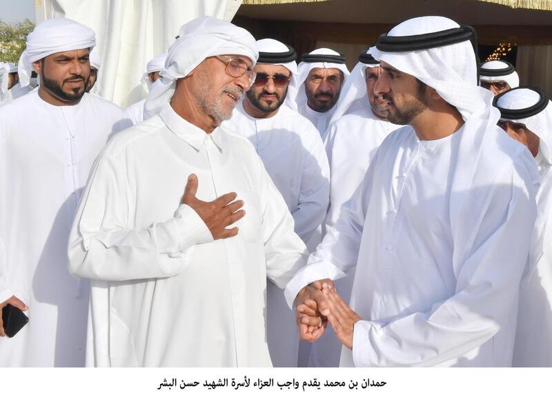 Sheikh Hamdan bin Mohammed, Crown Prince of Dubai, on Thursday extends condolences to the family of the  Hassan Abdullah Al Bishir, who died while participating in the Saudi-led coalition against Houthi forces in Yemen. Wam