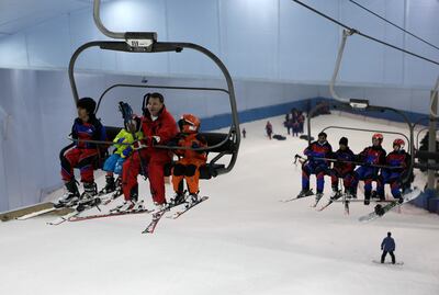 DUBAI , UNITED ARAB EMIRATES Ð Jan 20 : People enjoying at the Ski Dubai in Mall of the Emirates in Dubai. ( Pawan Singh / The National ) For Stock