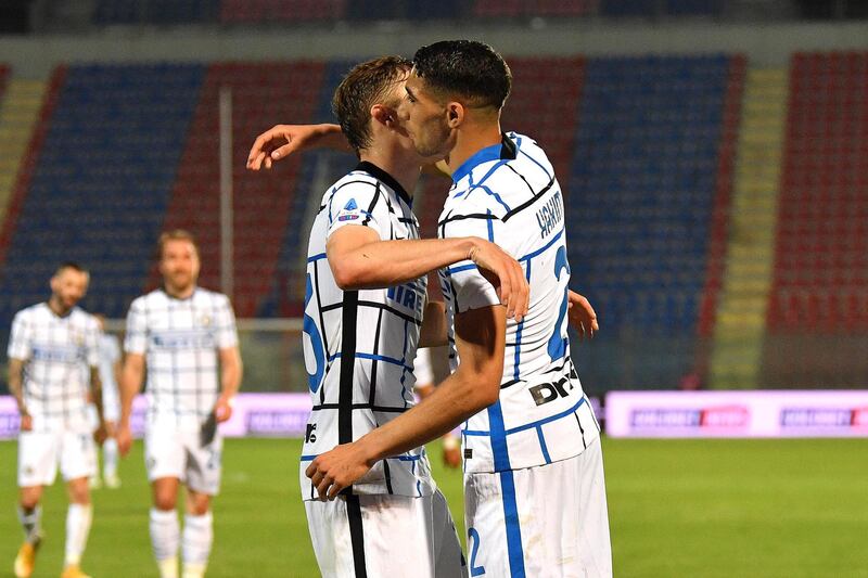 Inter's Achraf Hakimi celebrates after scoring against Crotone. EPA