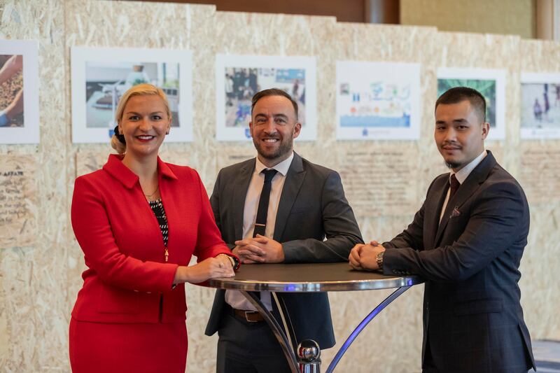 From left, new UAE teaching recruits Hannah Sherratt, Luke Cullen and Michael Luu at the Gems education event in Dubai on Tuesday. Antonie Robertson / The National