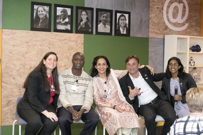 From left to right: Melissa Salguero, Bronx, New York, US;  Peter Tabichi, Nakuru, Kenya; Swaroop Rawal, Gujarat, India; Vladimer Apkhazava, Chibati Public School, Georgia; Yasodai Selvakumaran, NSW, Australia