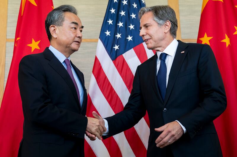 US Secretary of State Antony Blinken with China's Foreign Minister Wang Yi during a meeting in Nusa Dua, Bali, on July 9, 2022.  AP