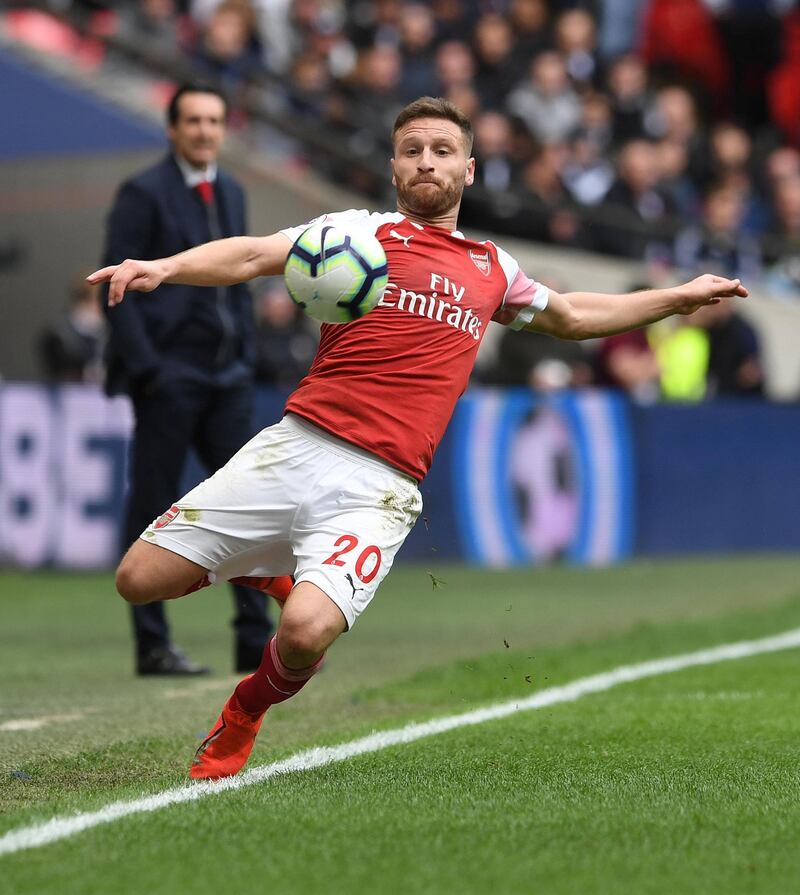 LONDON, ENGLAND - MARCH 02:  Shkodran Mustafi of Arsenal during the Premier League match between Tottenham Hotspur and Arsenal FC at Wembley Stadium on March 2, 2019 in London, United Kingdom.  (Photo by David Price/Arsenal FC via Getty Images)