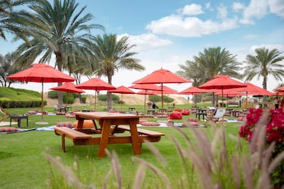 Lounge about on picnic benches and blankets at the Bab Al Shams outdoor weekend brunch
