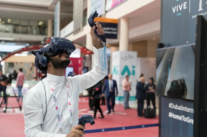DUBAI, UNITED ARAB EMIRATES - OCTOBER 14, 2018. 

A man tests a VR game at Gitex Technology Week.

(Photo by Reem Mohammed/The National)

Reporter: 
Section:  NA