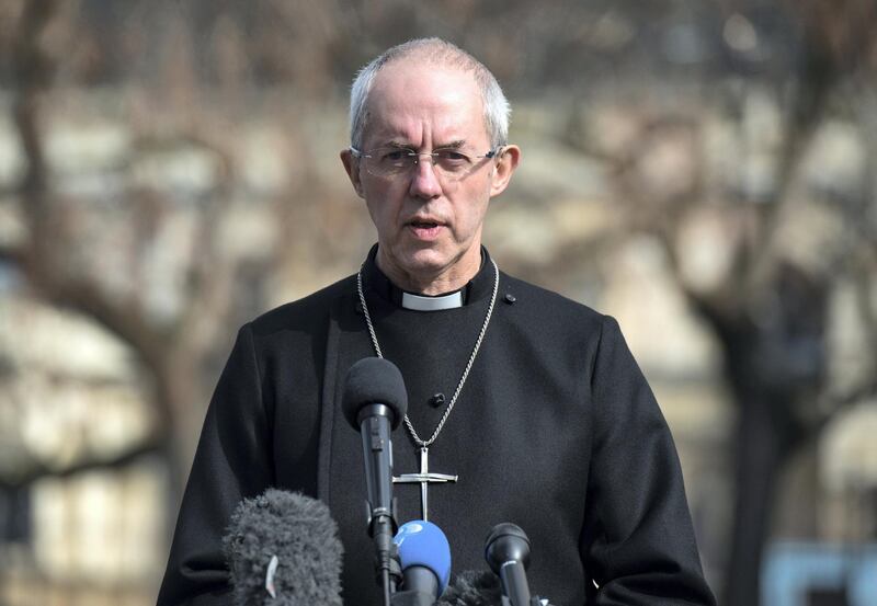 Archbishop of Canterbury, Justin Welby speaks during a vigil with faith leaders outside Westminster Abbey in London March 24, 2017, two days after the March 22 terror attack on the British parliament and Westminster Bridge. - British police said on March 24 they had made two further "significant" arrests over the Islamist-inspired terror attack on parliament, as they appealed for information about the homegrown killer who left four people dead. Nine people are now in custody over the March 22 rampage in Westminster, in which at least 50 people were injured, 31 requiring hospital treatment, counter-terrorism commander Mark Rowley said. (Photo by CHRIS J RATCLIFFE / AFP)