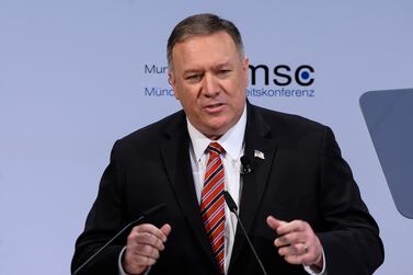 US Secretary of State Mike Pompeo addresses the 56th Munich Security Conference on February 15, 2020. via AP