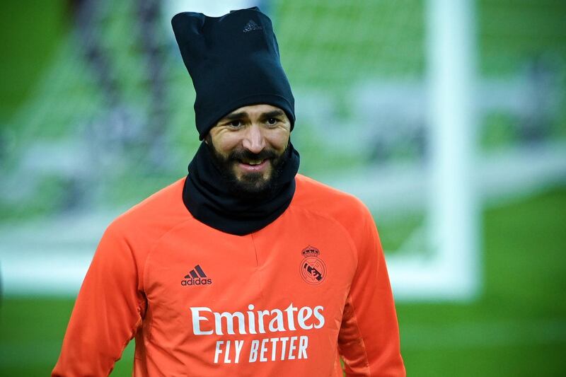 Real Madrid's Karim Benzema attends the team's training session at Borussia-Park. EPA