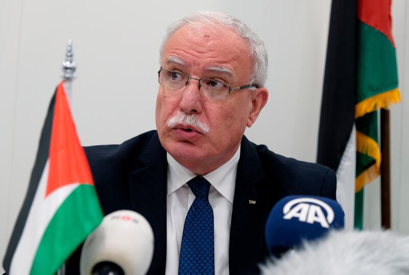 Palestinian Foreign Minister Riad Malki speaks during a press conference at the International Criminal Court on Tuesday May 22, 2018. The Palestinian foreign minister asked the International Criminal Court on Tuesday to open an â€œimmediate investigationâ€ into alleged Israeli â€œcrimesâ€ committed against the Palestinian people. (AP Photo/Mike Corder)