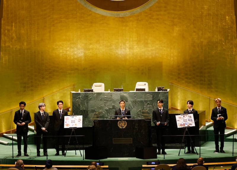 BTS members appear at the UN meeting on Sustainable Development Goals during the 76th session of the General Assembly in New York in September. Pool / AP