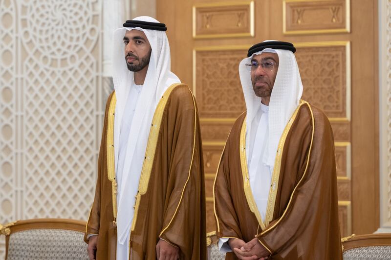 Sheikh Shakhbout bin Nahyan, Minister of State, left, and Ahmed Al Sayegh, Minister of State, attend the ceremony 