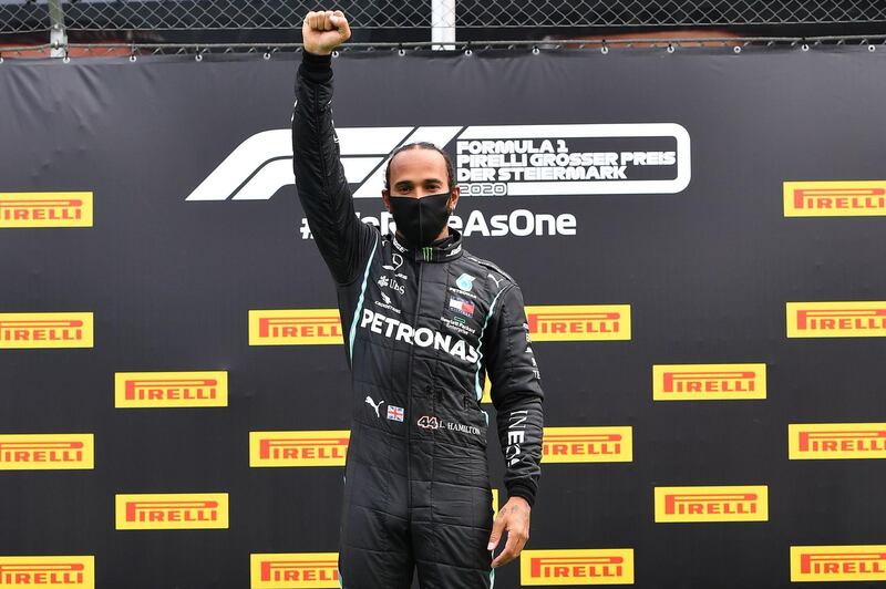 Lewis Hamilton on the podium after the Styrian Grand Prix. AFP