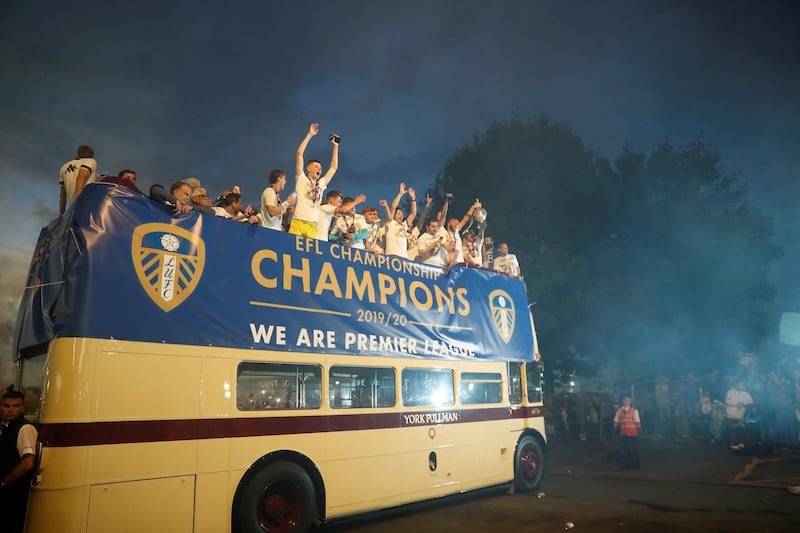 Leeds United players celebrate winning the Championship and promotion to the Premier League. Reuters