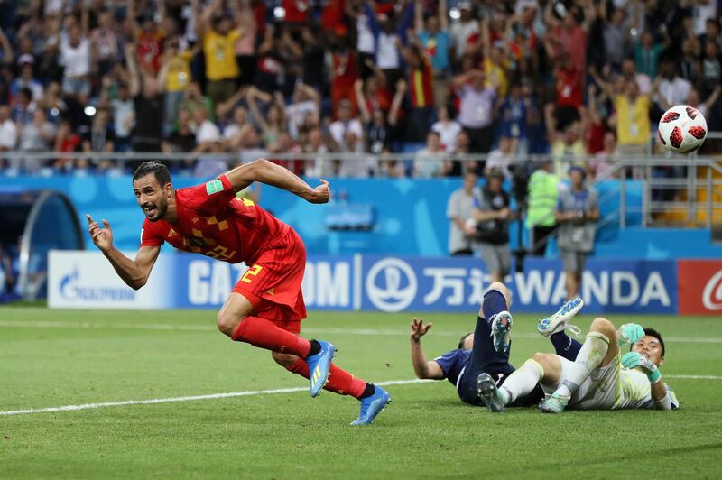 ROSTOV-ON-DON, RUSSIA - JULY 02:  Nacer Chadli of Belgium celebrates after scoring his team's third goal during the 2018 FIFA World Cup Russia Round of 16 match between Belgium and Japan at Rostov Arena on July 2, 2018 in Rostov-on-Don, Russia.  (Photo by Kevin C. Cox/Getty Images)