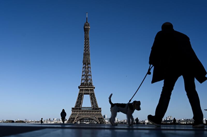 A man walks his dog in front of the Eiffel Tower in Paris on the twentieth day of a lockdown in France aimed at curbing the spread of COVID-19.  AFP