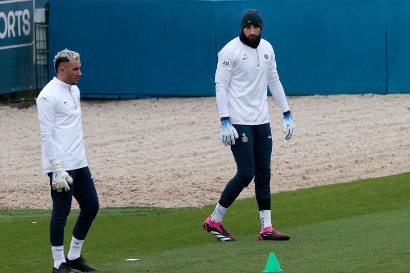 PSG goalkeepers Keylor Navas, left, and Gianluigi Donnarumma during training. AFP