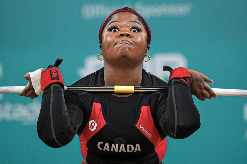 Canada's Maya Laylor competes in the women's 81kg weightlifting clean-and-jerk event at the Pan-American Games in Santiago, Chile. AFP