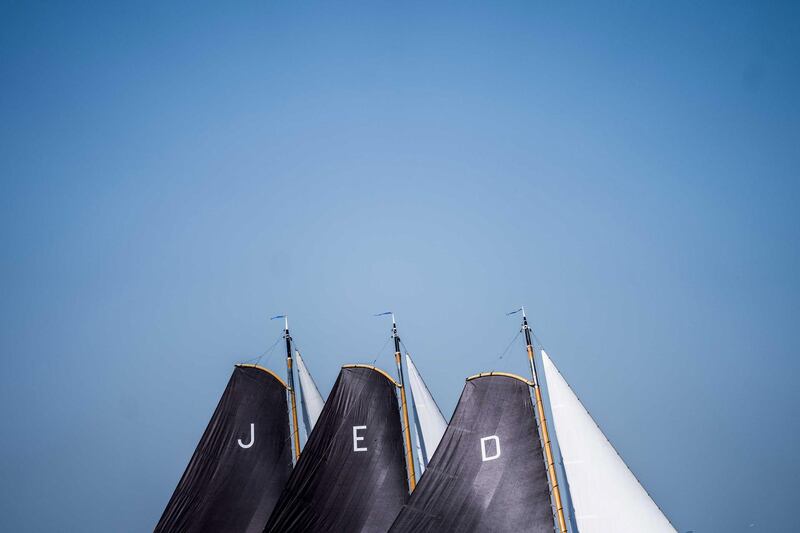 Vessels during the first day of the traditional 'Skutsjesilen' sailing competition in Grou, The Netherlands. For two weeks, 14 traditional Frisian flat-bottomed boats compete against each other on the lakes of Friesland.  EPA