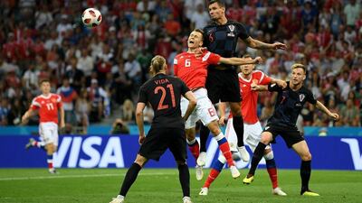 Croatia defender Dejan Lovren heads clear against Russia on Saturday. He and his defensive colleagues will expect to deal with more aerial balls against England. Getty Images