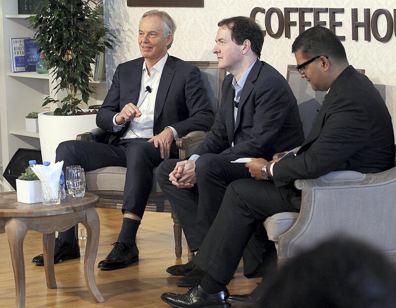 Dubai, March 18, 2018: (L) Tony Blair, former British Prime Minister and George Osborne during the GESF Education Forum in Dubai. Satish Kumar for the National/ Story by James Langton