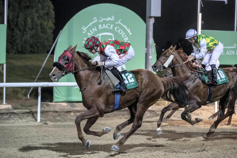 ABU DHABI, UNITED ARAB EMIRATES. 05 MARCH 2020. Race 6 at Al Ain Equestrian Club. Purebred Arabians. Winner nr 12 Somoud, (Fr 6yrs) ridden by Connor Beasley and trained by Ahmed Al Mehairbi. (Photo: Antonie Robertson/The National) Journalist: Amith Passela. Section: Sport. 
