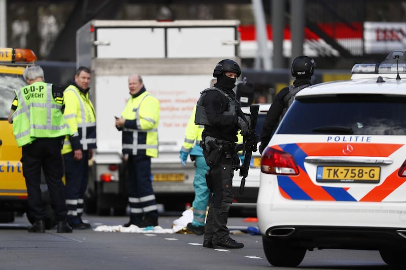 Emergency services at the scene where a shooting took place in Utrecht, the Netherlands. EPA