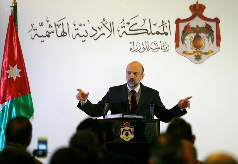 FILE PHOTO: Jordan's Prime Minister Omar al-Razzaz speaks to the media during a news conference in Amman, Jordan April 9, 2019. REUTERS/Muhammad Hamed/File Photo