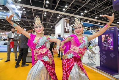 DUBAI, UNITED ARAB EMIRATES, 24 APRIL 2018 - Indonesian staff at Arabian Travel Market in Dubai World Trade Centre, Dubai. Leslie Pableo for The National 