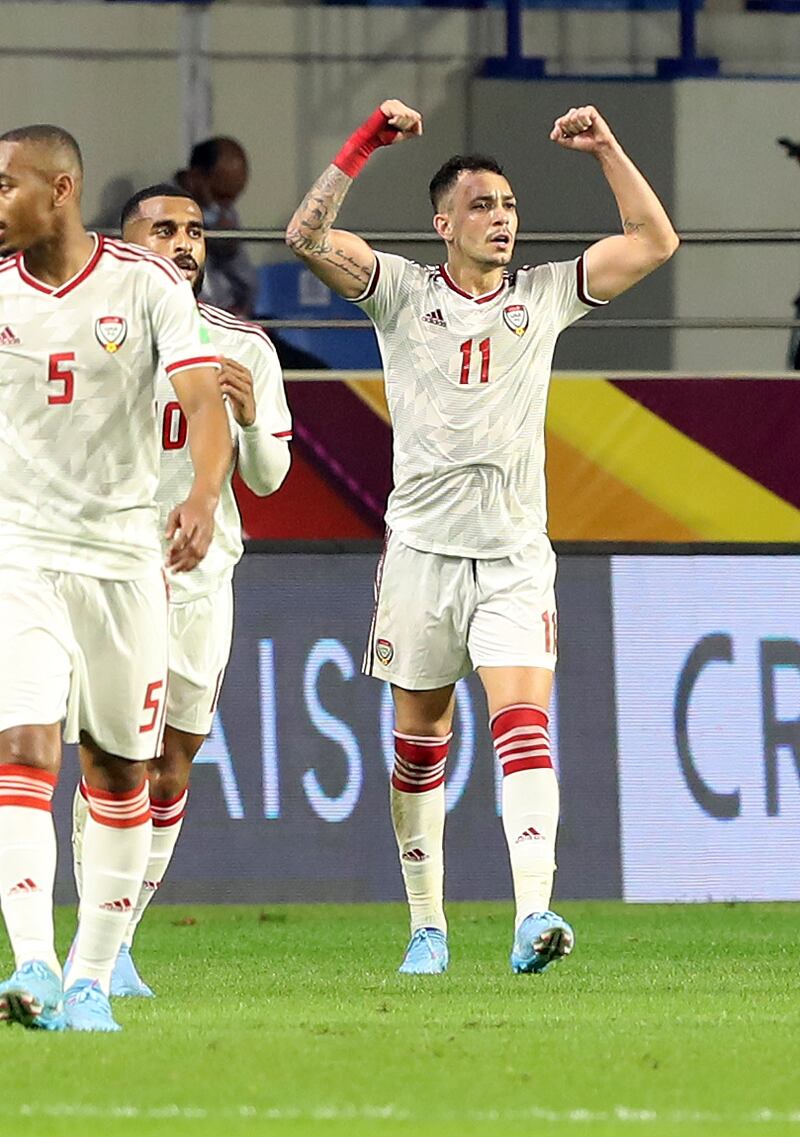 Caio Canedo celebrates after scoring just before half-time for the UAE. Chris Whiteoak / The National