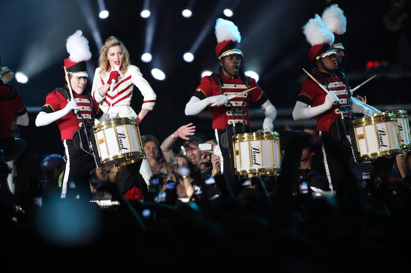 Abu Dhabi, UAE, June 3, 2012:

Madonna dazzled the crowd with dance moves and graphics to match her songs. She is seen here performing on stage inside of the Du Arena.

Lee Hoagland/The National