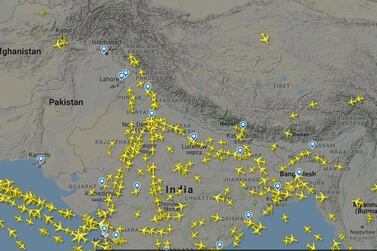 Screengrab from flightradar24 on Thursday shows planes flying routes to avoid Pakistan's airspace. 