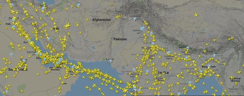 Screengrab from flightradar24 on Thursday shows planes flying routes to avoid Pakistan's airspace. 