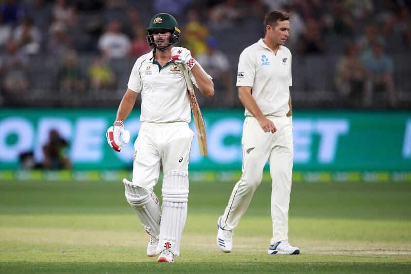 PERTH, AUSTRALIA - DECEMBER 14: Joe Burns of Australia leaves the field after being dismissed by Tim Southee of New Zealand during day three of the First Test match in the series between Australia and New Zealand at Optus Stadium on December 14, 2019 in Perth, Australia. (Photo by Cameron Spencer/Getty Images)