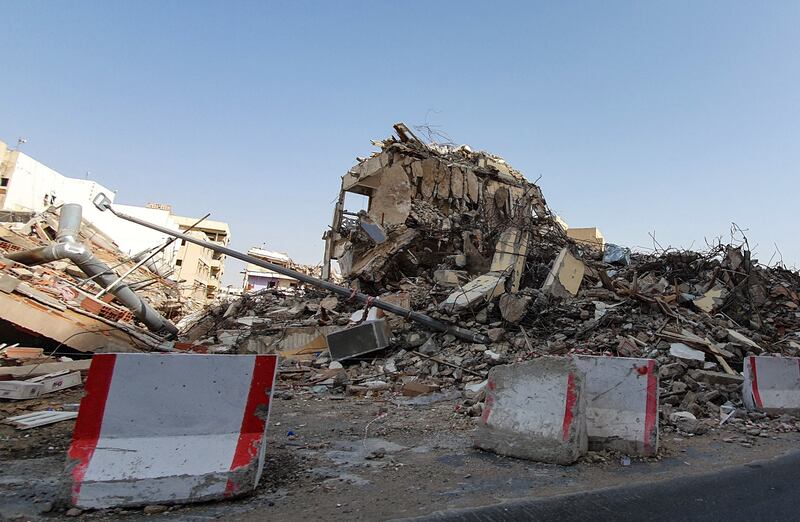 Piled up rubble is what remains of buildings on March 14, 2022, Jeddah, Saudi Arabia. AFP
