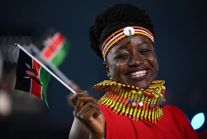 Athletes for Team Kenya take part in the opening ceremony for the Commonwealth Games at the Alexander Stadium in Birmingham, central England, on July 28, 2022.  (Photo by Andy Buchanan  /  AFP)