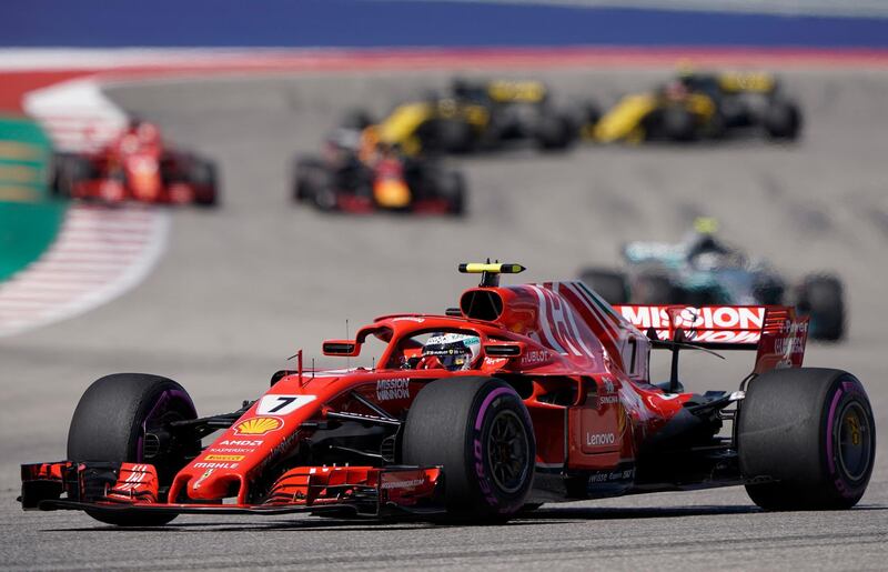 Ferrari driver Kimi Raikkonen, of Finland, drives his car during the Formula One U.S. Grand Prix auto race at the Circuit of the Americas, Sunday, Oct. 21, 2018, in Austin, Texas. (AP Photo/Darren Abate)