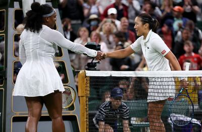 Harmony Tan of France shakes hands with Serena Williams after beating the American. Getty.