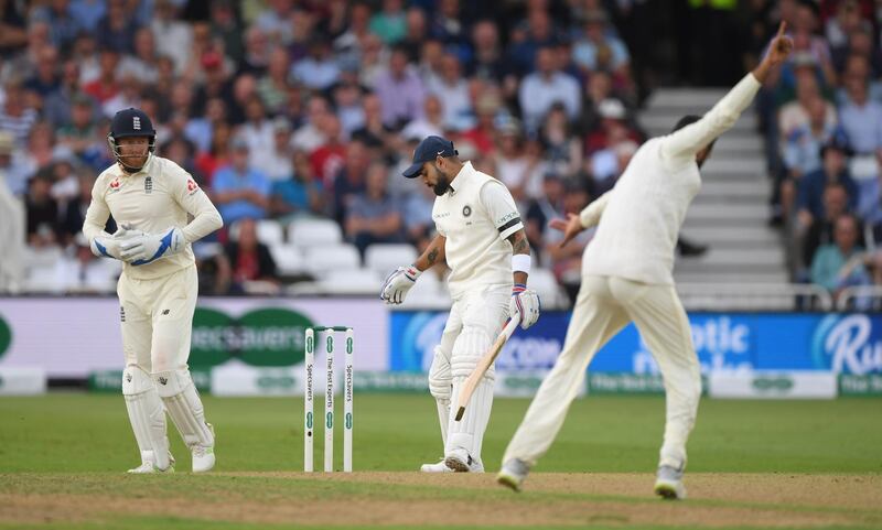 NOTTINGHAM, ENGLAND - AUGUST 18:  India batsman Virat Kohli reacts after being dismissed by Adil Rashid for 97 runs, caught by Ben Stokes during day one of the 3rd Specsavers Test Match between England and India at Trent Bridge on August 18, 2018 in Nottingham, England.  (Photo by Stu Forster/Getty Images)